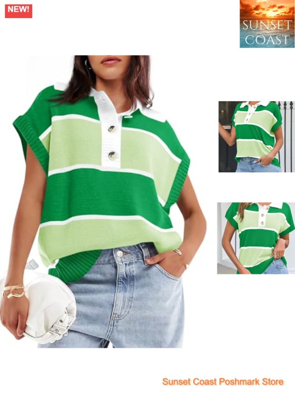V Neck Button Down Striped Short Sleeve Knit Sweater